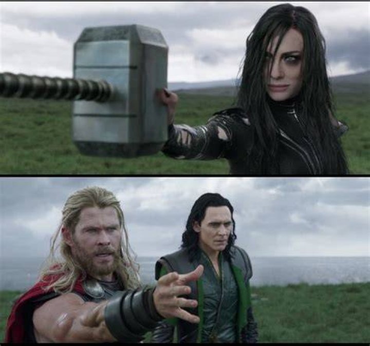 Hela catches Mjolnir one-handed atop a Norwegian cliff-face in Thor: Ragnarok.