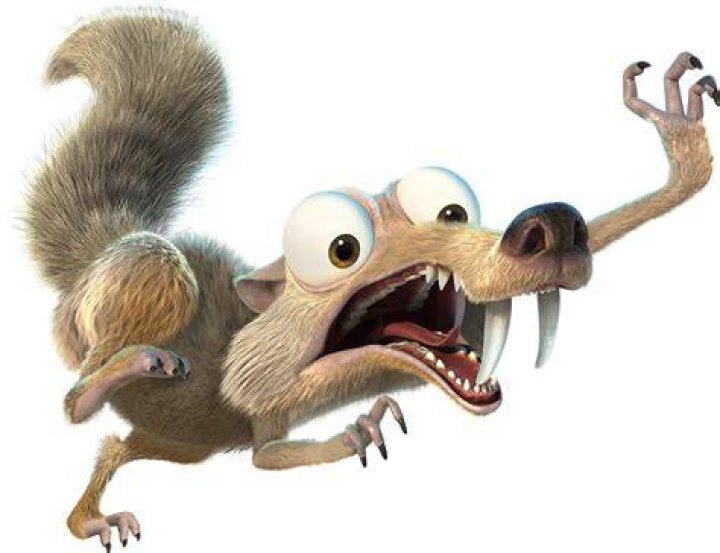 Scrat is surrounded by characters from Ice Age.